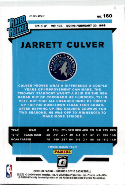 2019 Donruss Optic Rated Rookie #160 Jarrett Culver Minnesota Timberwolves