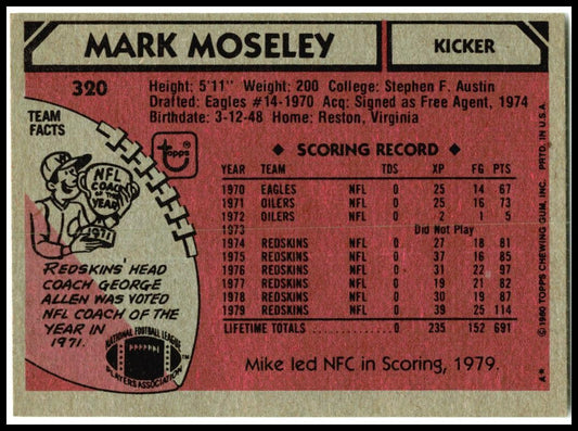 1980 Topps #320 Mark Moseley Washington Redskins