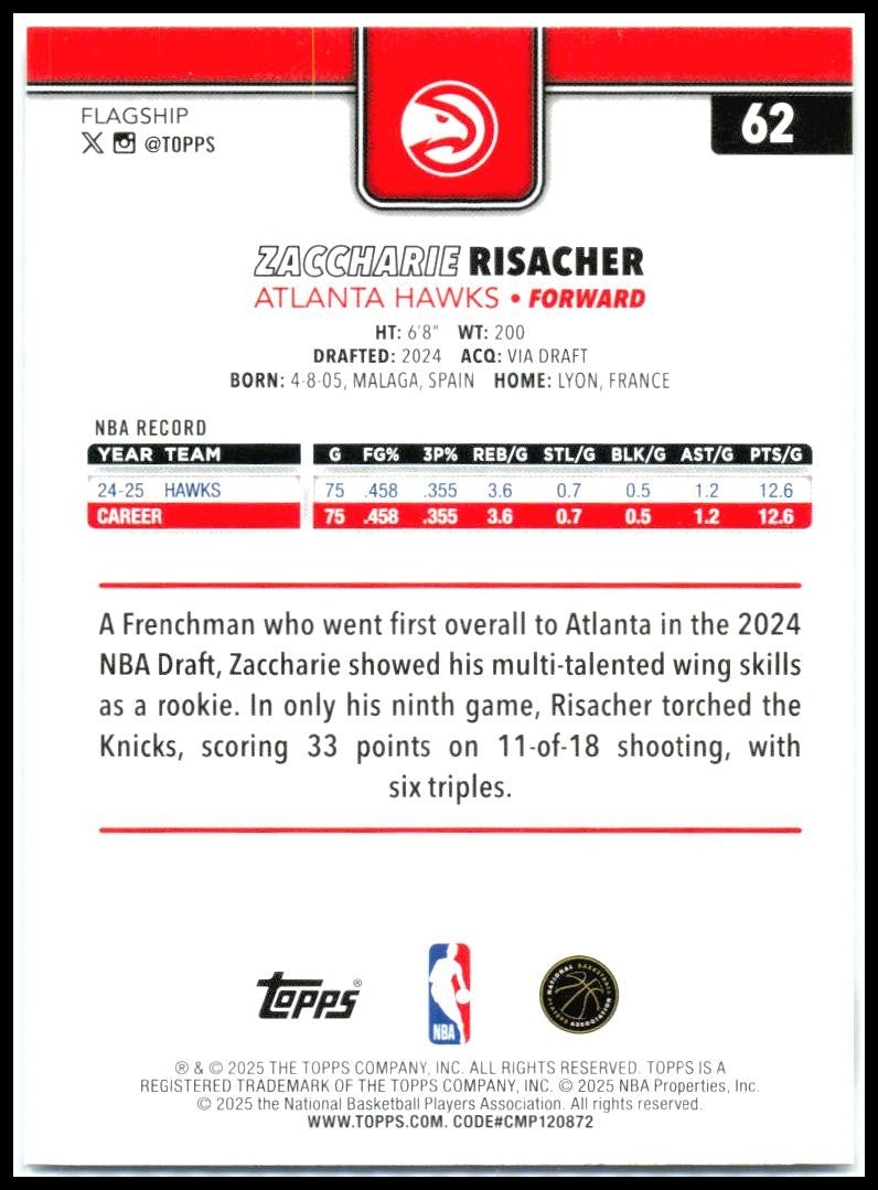 2025-26 Topps #62 Zaccharie Risacher Atlanta Hawks