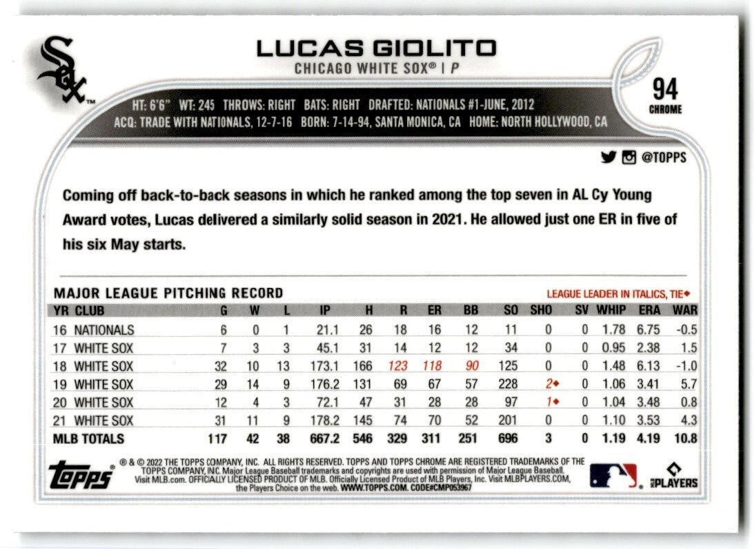 2022 Topps Chrome x-fractor Lucas Giolito Chicago White Sox #94