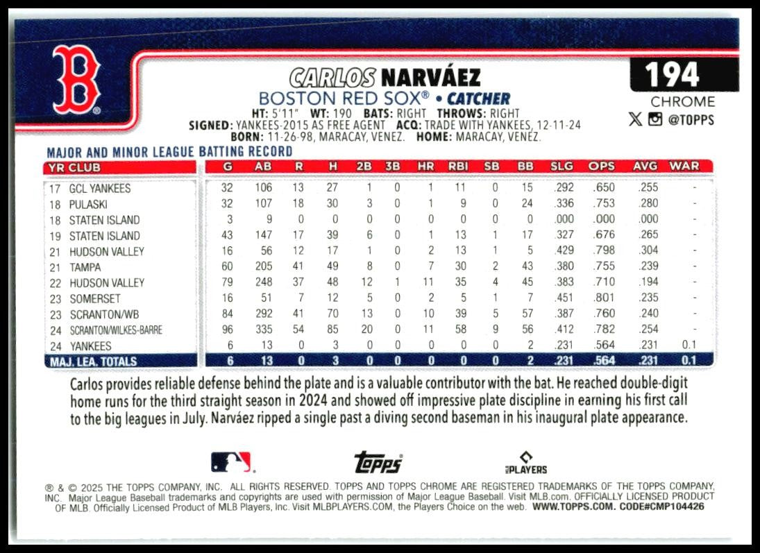 2025 Topps Chrome Purple Logofractor /250 #194 Carlos Narváez Rookie Boston