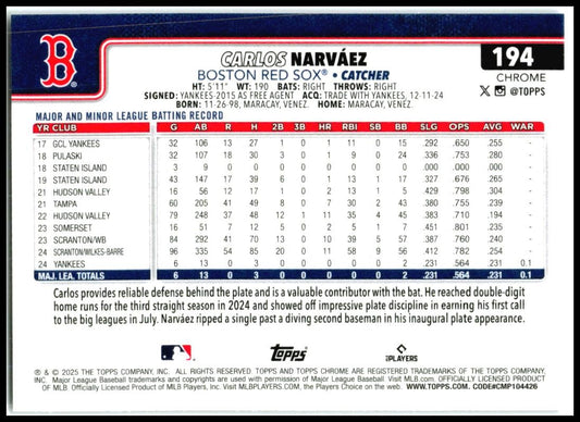 2025 Topps Chrome Purple Logofractor /250 #194 Carlos Narváez Rookie Boston