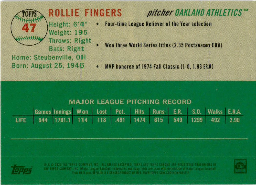 2023 Topps Chrome Platinum Anniversary Blue #47 Rollie Fingers Oakland Athletics