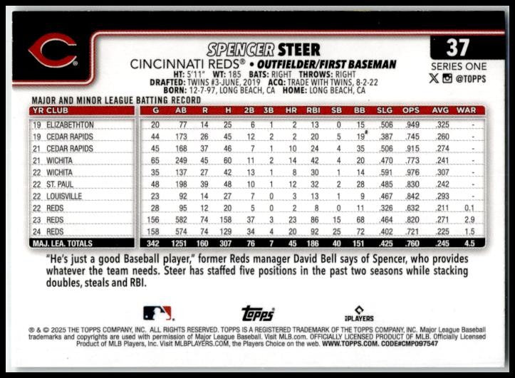 2025 Topps Silver Tinsel Foil #37 Spencer Steer Cincinnati Reds