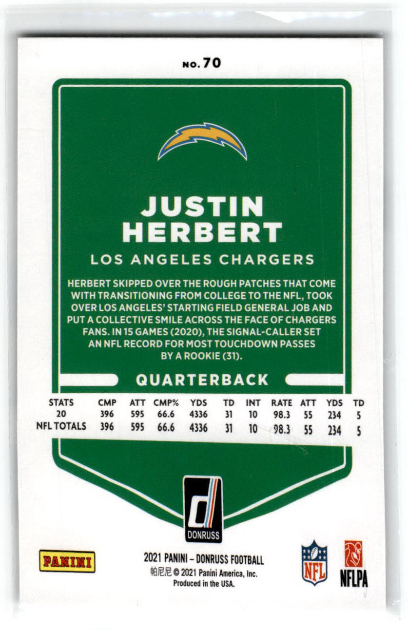 2021 Donruss #70b Justin Herbert No Helmet Los Angeles Chargers