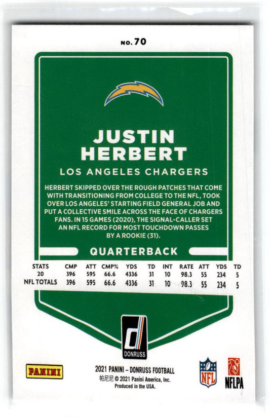 2021 Donruss #70b Justin Herbert No Helmet Los Angeles Chargers