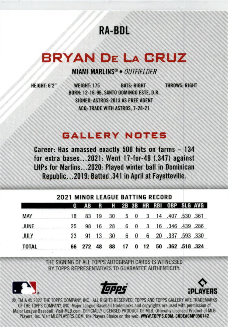 2022 Topps Gallery Rookies #RA-BDL Bryan De La Cruz Auto Miami Marlins