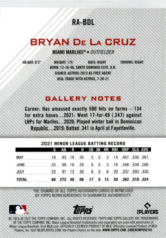 2022 Topps Gallery Rookies #RA-BDL Bryan De La Cruz Auto Miami Marlins
