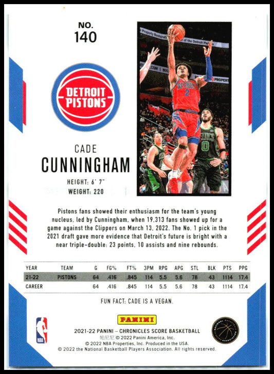 2021-22 Panini Chronicles #140 Cade Cunningham Rookie Detroit Pistons