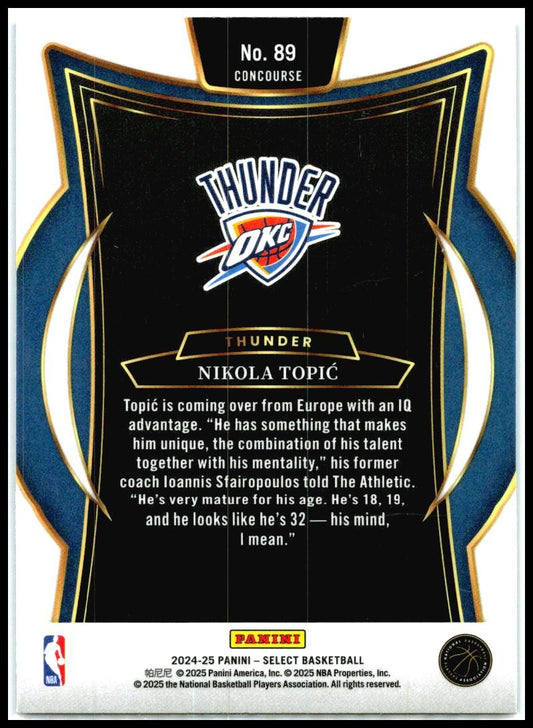 2024-25 Panini Select Blue #89 Nikola Topic Rookie Oklahoma City Thunder