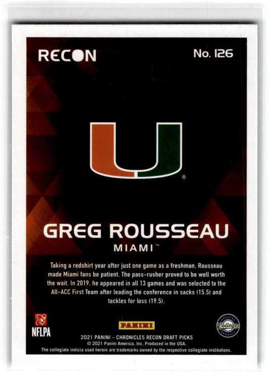 2021 Panini Chronicles Recon Draft Picks #126 Greg Rousseau Hurricanes /Bills