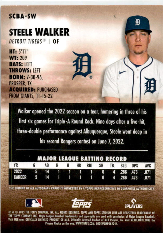 2023 Stadium Club Autographs #SCBA-SW Steele Walker Auto Detroit Tigers