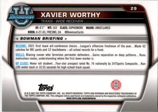 2022 Bowman Chrome University #29 Xavier Worthy Texas Longhorns