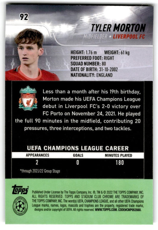 2022 Topps Stadium Club Chrome UCL Tyler Morton Rookie Liverpool FC #92