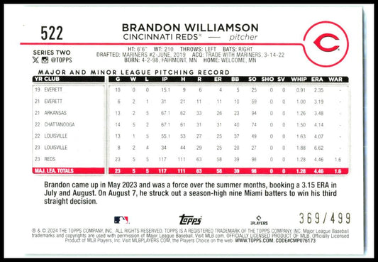 2024 Topps Green Crackle Foil #522 Brandon Williamson #/499 Cincinnati Reds