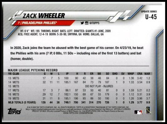 2020 Topps Update #U-45 Zack Wheeler Philadelphia Phillies
