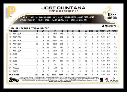 2022 Topps Update #US33 Jose Quintana