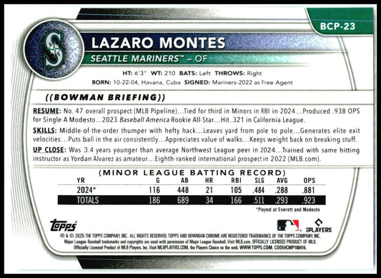 2025 Bowman Chrome Prospects #BCP-23 Lazaro Montes Seattle Mariners