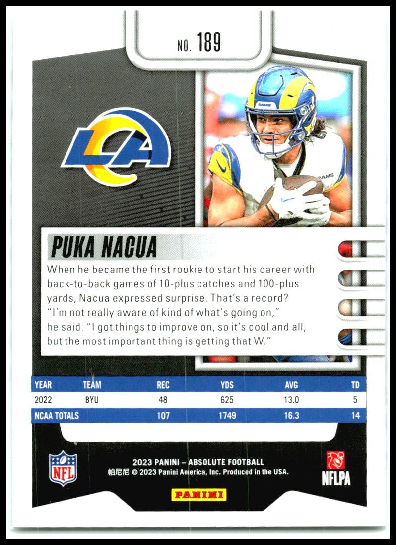 2023 Panini Absolute Signature Rookies #189 Puka Nacua Auto Los Angeles Rams