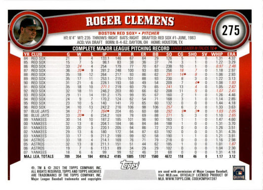 2021 Topps Archives #275 Roger Clemens Boston Red Sox