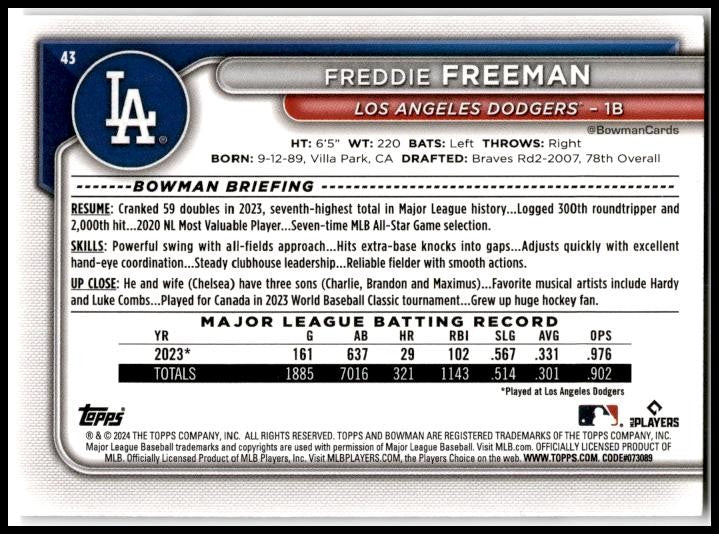 2024 Bowman #43 Freddie Freeman Los Angeles Dodgers