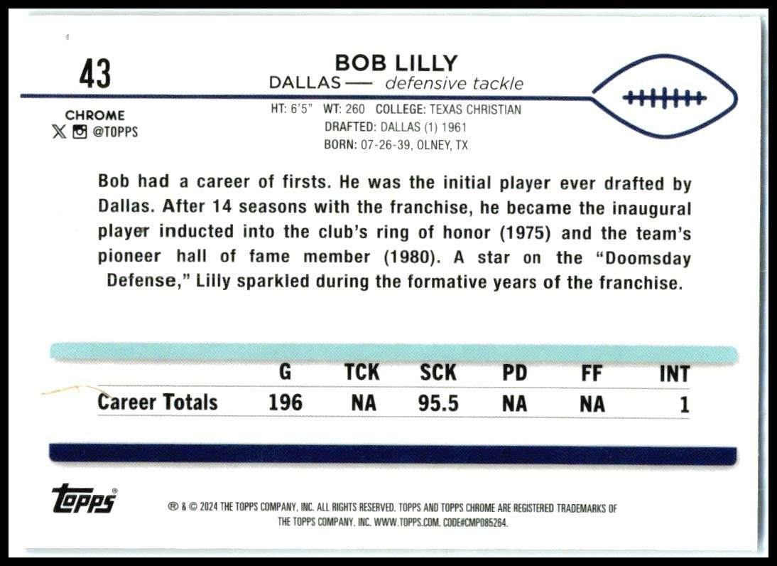 2024 Topps Chrome X-Fractor #43 Bob Lilly Dallas Cowboys