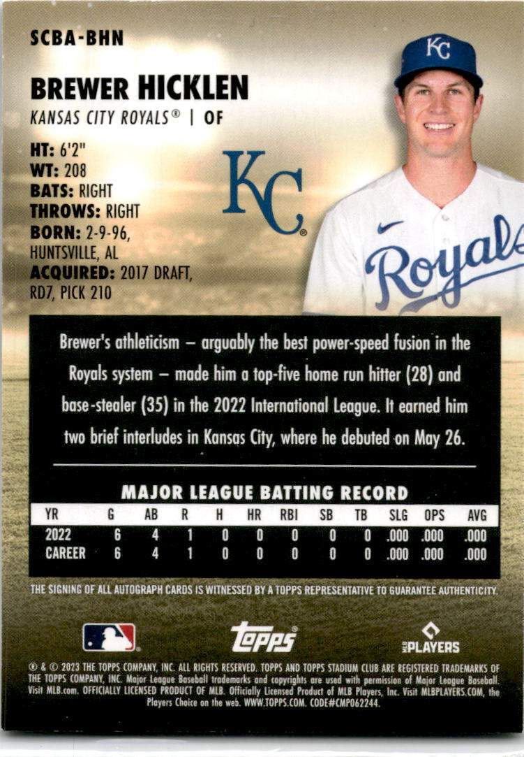 2023 Stadium Club #SCBA-BHN Brewer Hicklen Auto Kansas City Royals