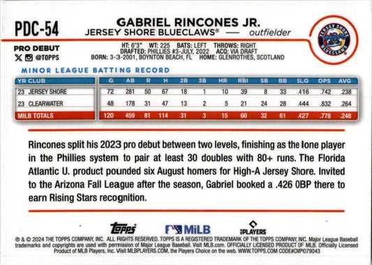 2024 Topps Chrome Pro Debut #PDC-54 Gabriel Rincones Jr Philadelphia Phillies