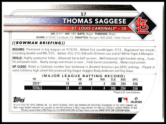 2025 Bowman #57 Thomas Saggese Rookie St. Louis Cardinals