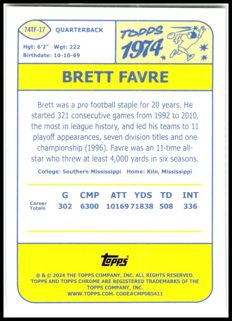 2024 Topps Chrome 1974 Topps Football #74TF-17 Brett Favre Green Bay Packers