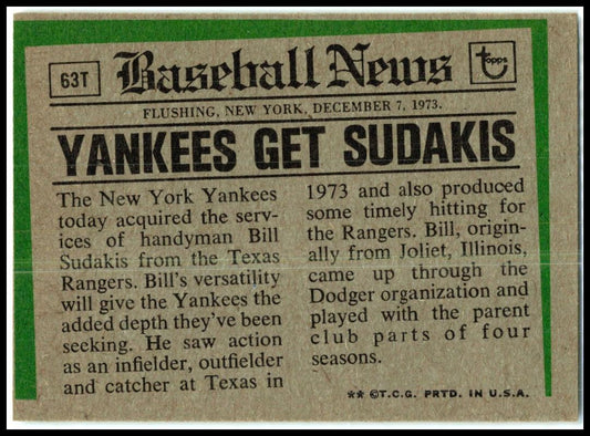 1974 Topps Traded #63T Bill Sudakis New York Yankees