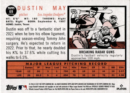 2021 Topps Archives #69 Dustin May Los Angeles Dodgers