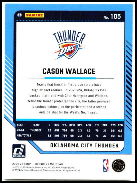 2024-25 Donruss #105 Cason Wallace Oklahoma City Thunder