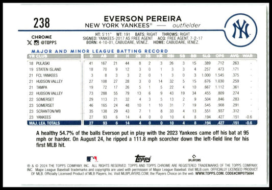 2025 Topps Chrome #238 Everson Pereira New York Yankees