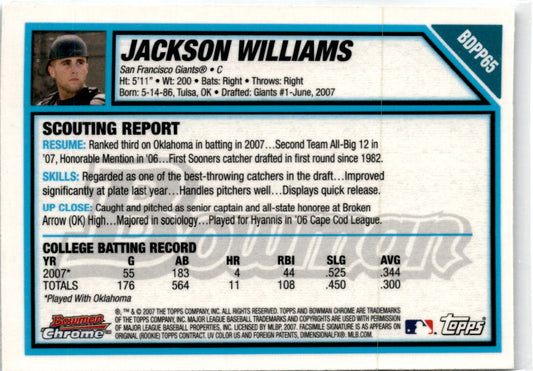 2007 Bowman Draft Picks & Prospects #BDPP65 Jackson Williams San Francisco Giant