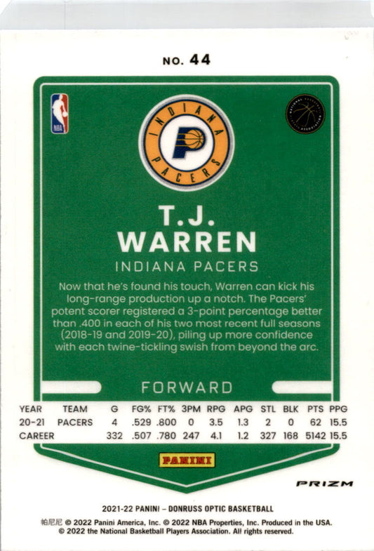 2021 Donruss Optic Blue Velocity Prizm #44 T.J. Warren Indiana Pacers