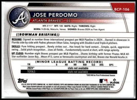 2025 Bowman Chrome Prospects #BCP-106 Jose Perdomo Atlanta Braves