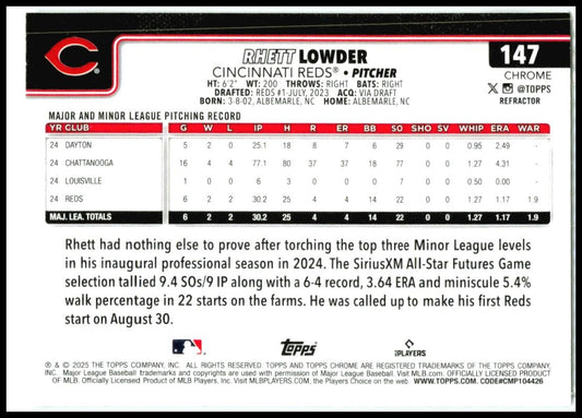 2025 Topps Chrome Refractors #147 Rhett Lowder Rookie Cincinnati Reds