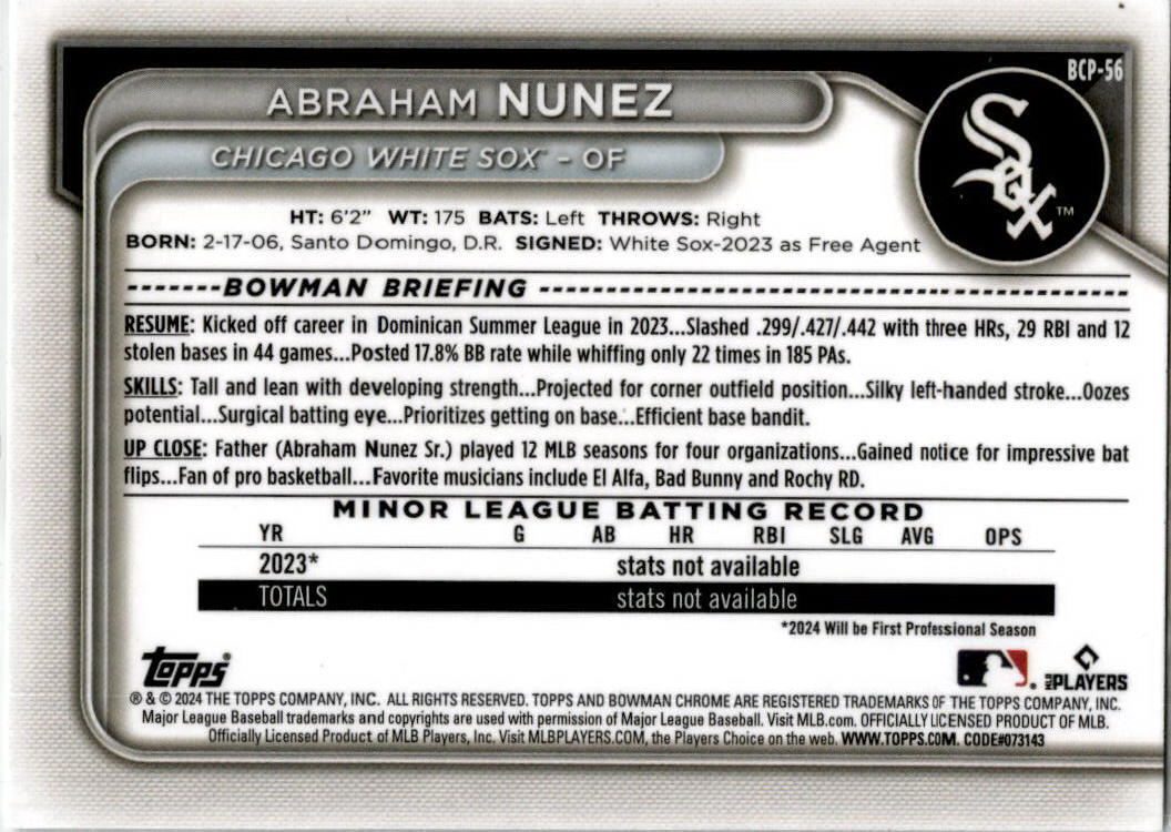 2024 Bowman #BCP-56 Abraham Nunez Chicago White Sox