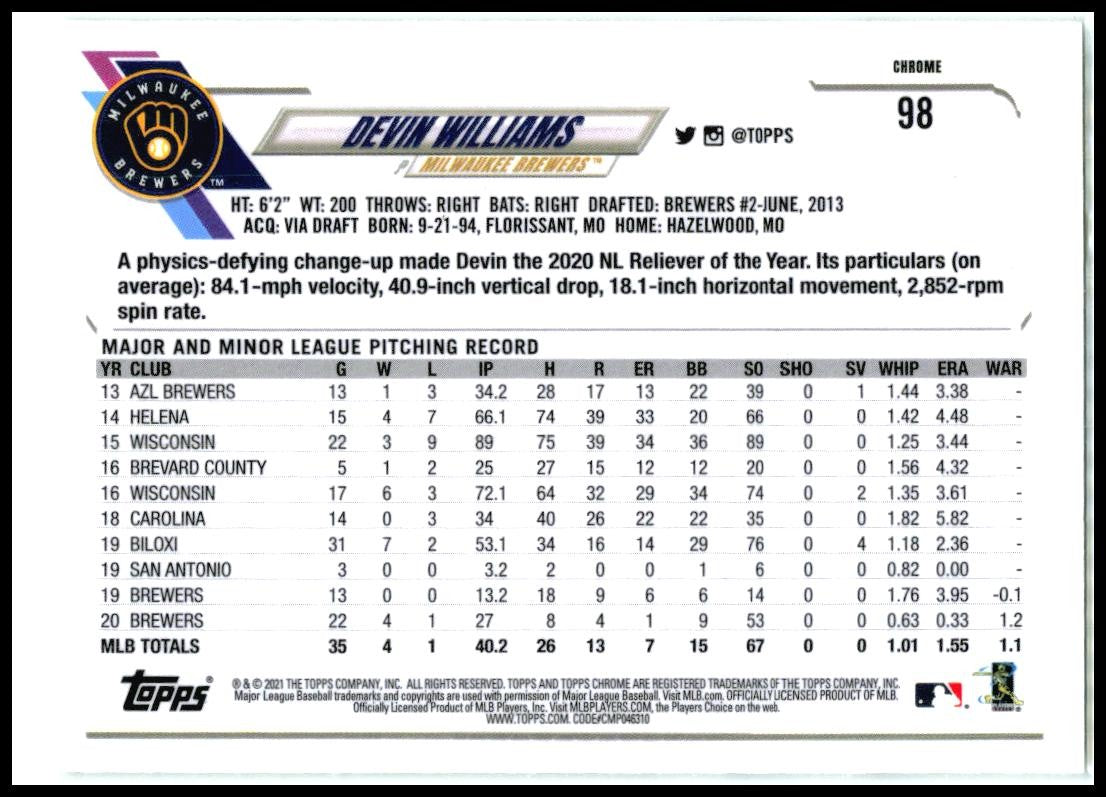 2021 Topps Chrome #98 Devin Williams Milwaukee Brewers