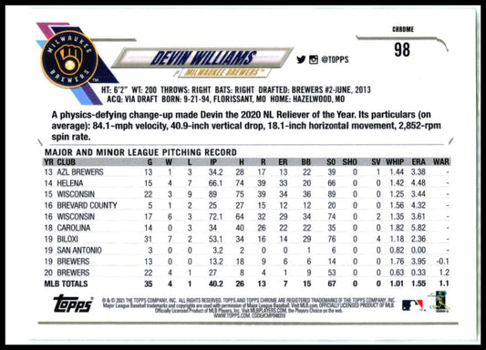 2021 Topps Chrome #98 Devin Williams Milwaukee Brewers