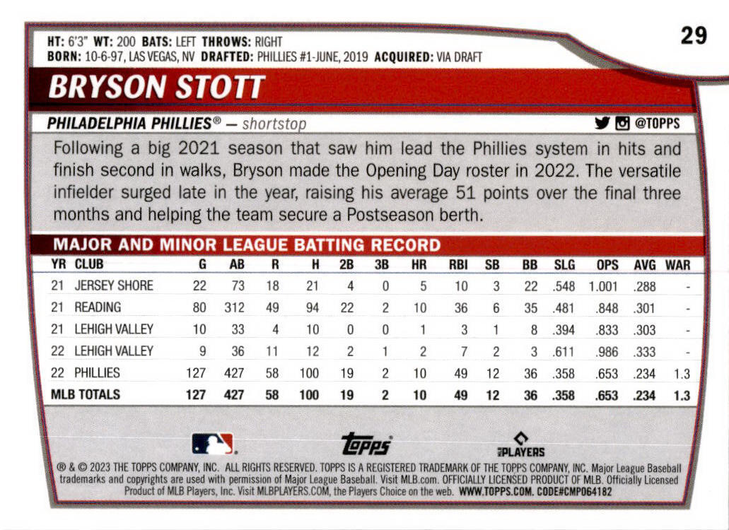 2023 Topps Big League #29 Bryson Stott Philadelphia Phillies