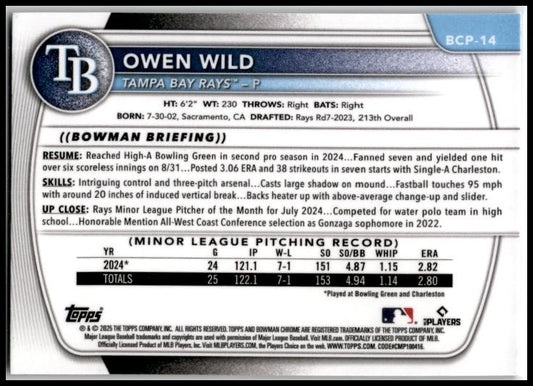 2025 Bowman Reptilian #BCP-14 Owen Wild Tampa Bay Rays