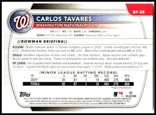 2025 Bowman Prospects #BP-28 Carlos Tavares Washington Nationals