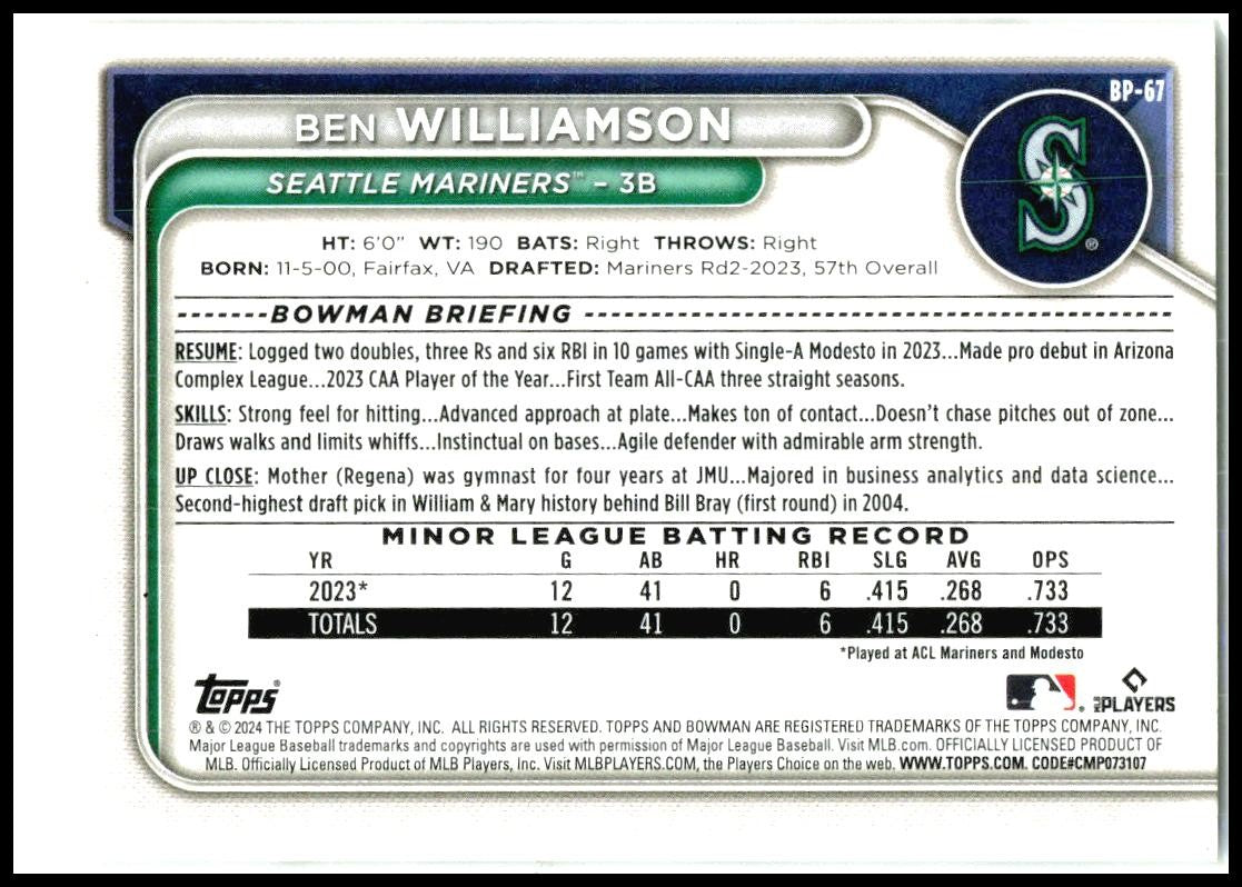 2024 Bowman #BCP-67 Ben Williamson Seattle Mariners