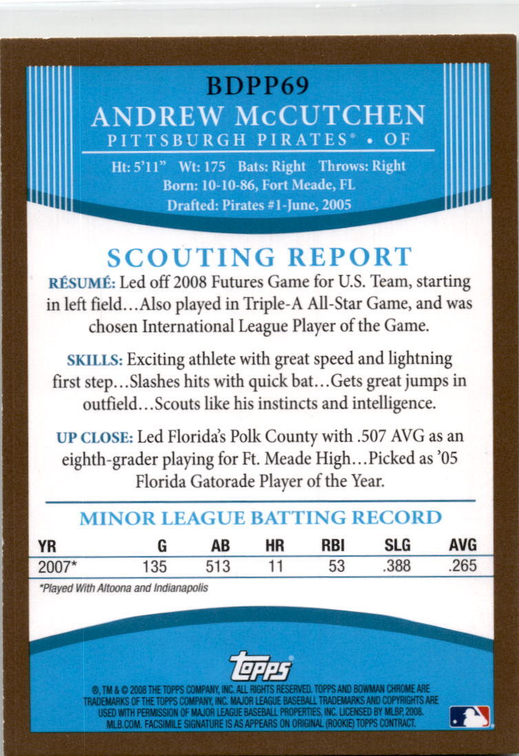 2008 Bowman Gold #BDPP69 Andrew McCutchen Pittsburgh Pirates