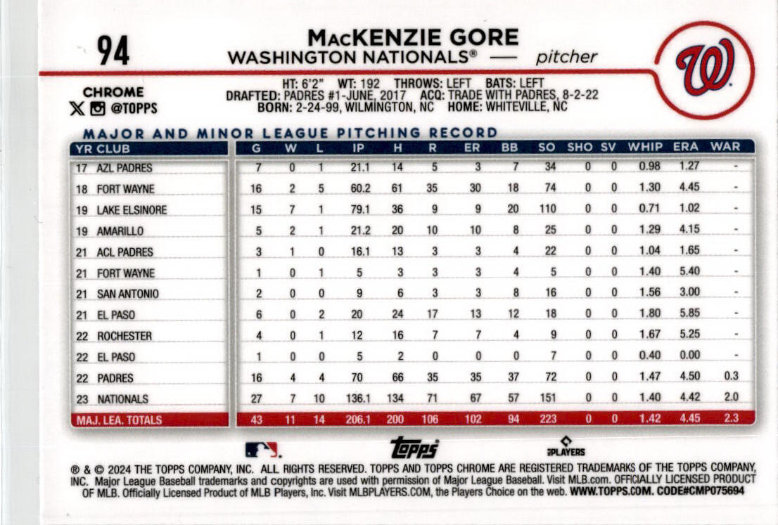 2024 Topps Chrome X-Fractors #94 MacKenzie Gore Washington Nationals
