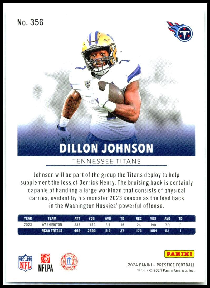 2024 Panini Prestige #356 Dillon Johnson Rookie Tennessee Titans