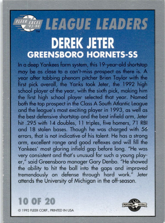 1993-94 Fleer Excel League Leaders #10 Derek Jeter Greensboro Hornets