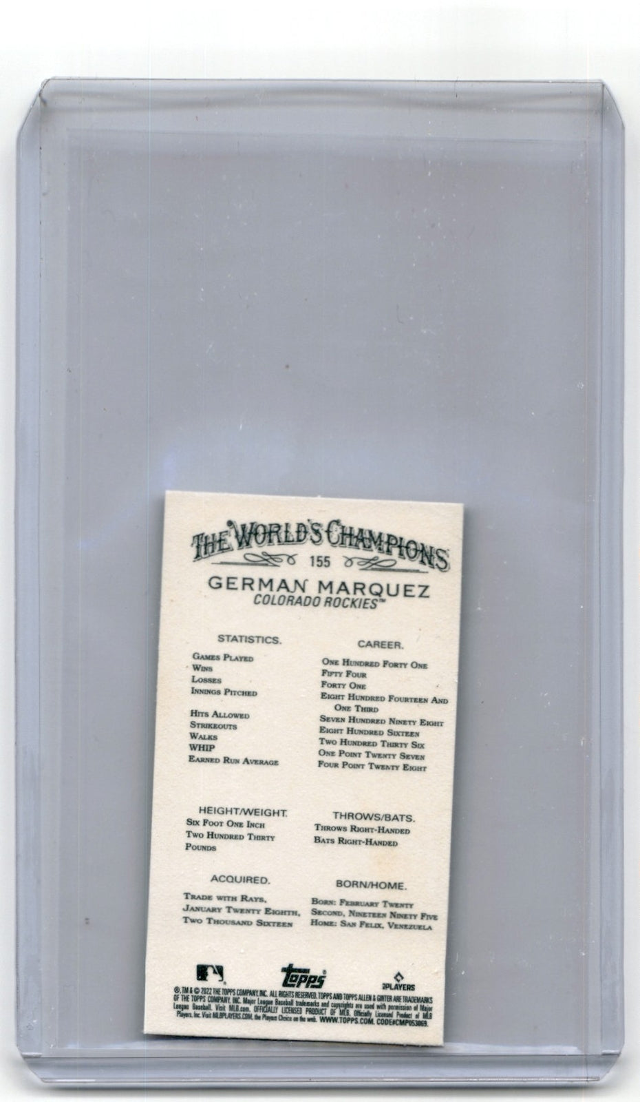 2022 Topps Allen & Ginter's Mini Black Border German Marquez Colorado Rockies
